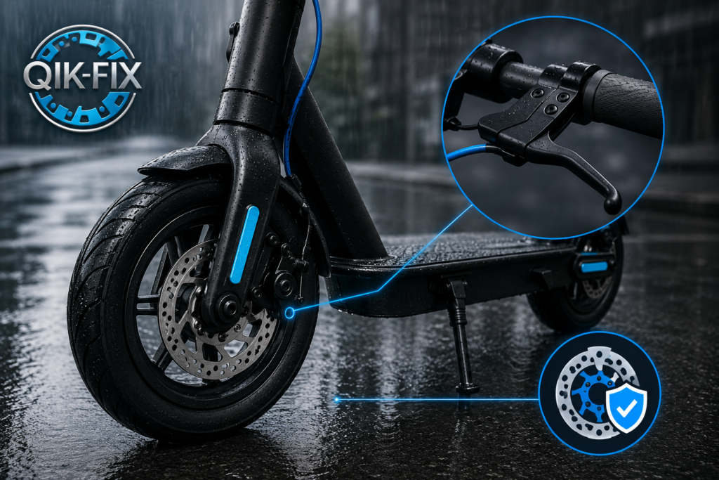 Electric scooter with disc brake system on a wet road
