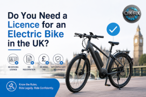Electric bike rider in the UK with Qik-Fix logo, representing legal e-bike licensing and EAPC regulations.
