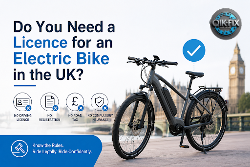 Electric bike rider in the UK with Qik-Fix logo, representing legal e-bike licensing and EAPC regulations.