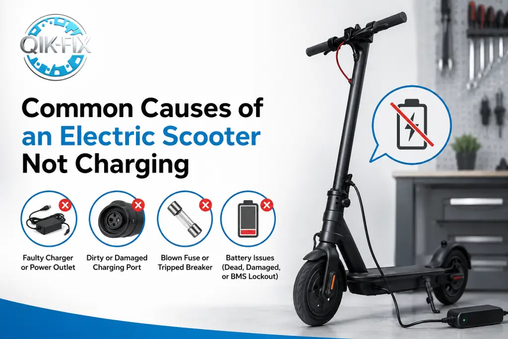 Electric scooter not charging due to faulty charger, damaged charging port, blown fuse, or battery issues.