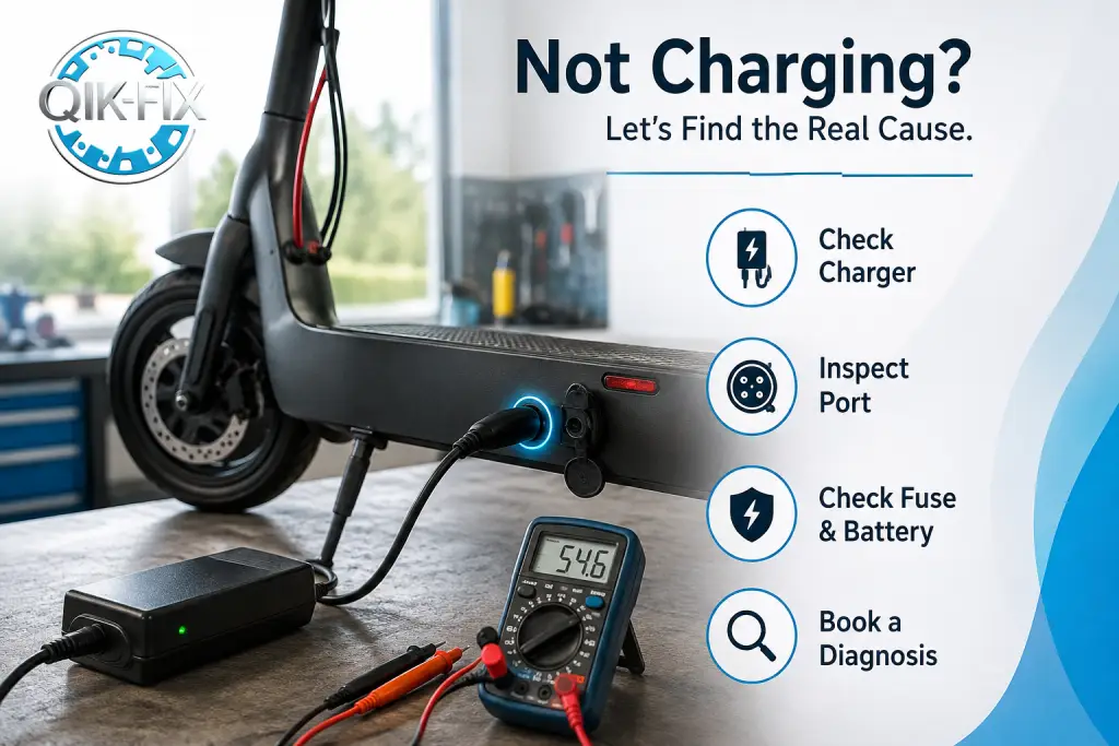 Electric scooter charging troubleshooting with a charger, charging port, and multimeter, featuring the Qik-Fix logo