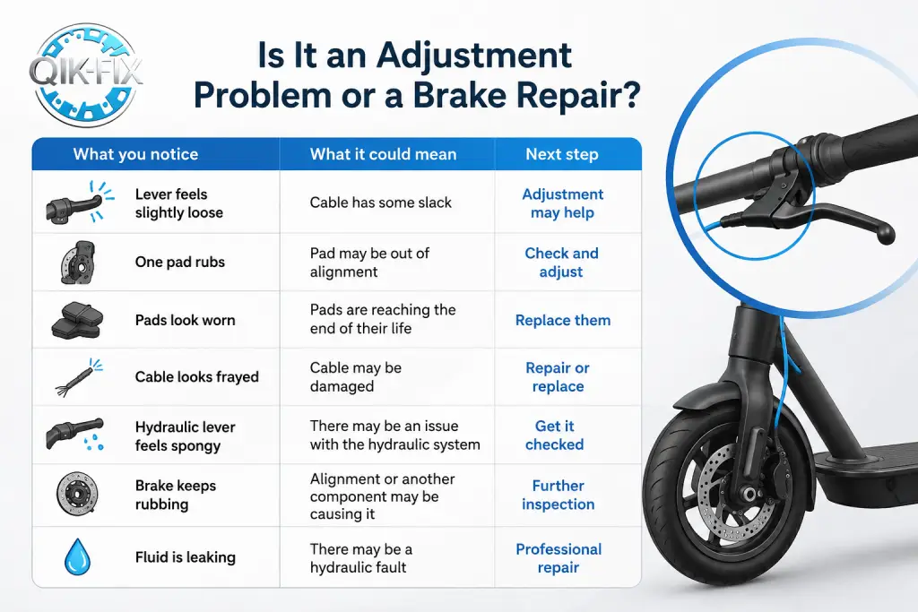 Brake adjustment vs. repair guide for electric scooters and e-bikes.